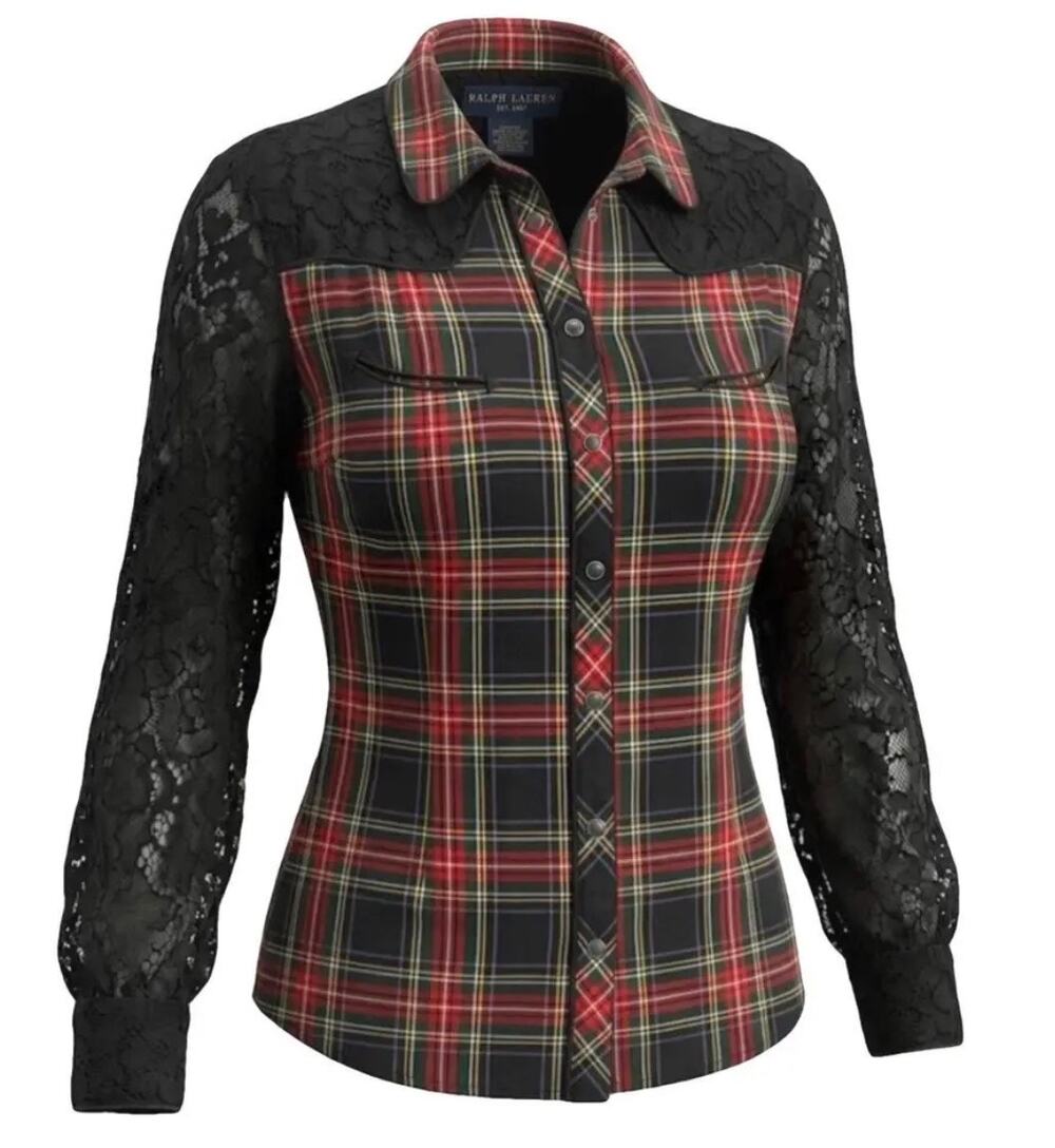 VTG Denim & Supply Ralph Lauren Blouse Top Lace Western Plaid Black M Cowgirl